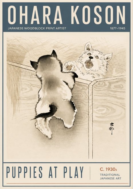 Ohara Koson Puppies at Play No6 - Plakát