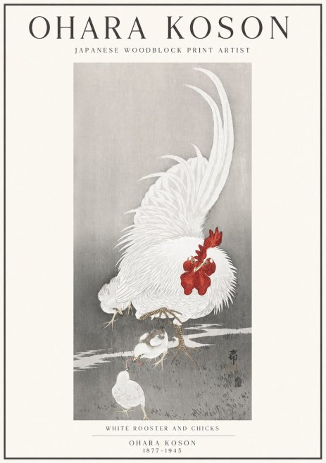 Ohara Koson White Rooster and Chicks No1 - Plakát