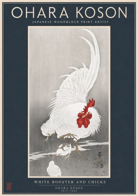 Ohara Koson White Rooster and Chicks No2 - Plakát
