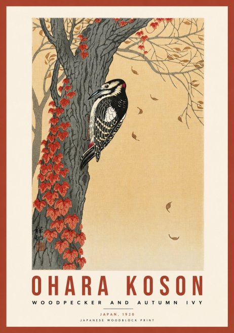 Ohara Koson Woodpecker and Autumn Ivy No5 - Plakát