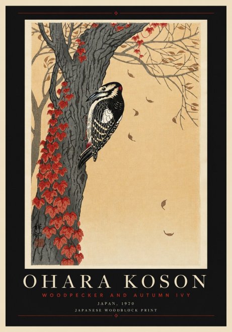 Ohara Koson Woodpecker and Autumn Ivy No6 - Plakát