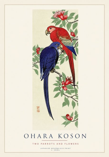 Ohara Koson Two Parrots and Flowers No1 - Plakát