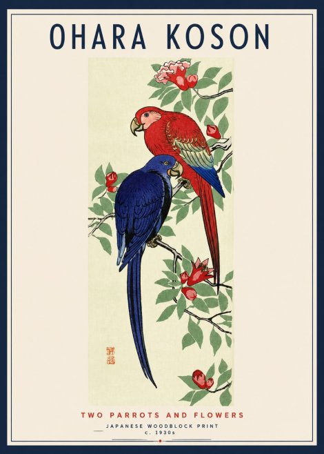 Ohara Koson Two Parrots and Flowers No3 - Plakát