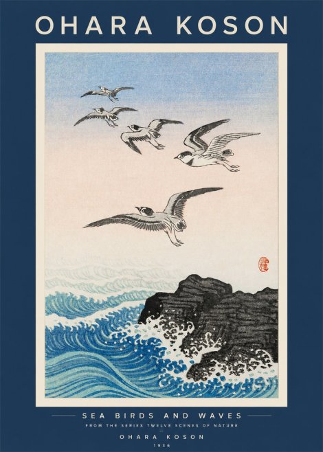 Ohara Koson Sea Birds and Waves No2 - Plakát