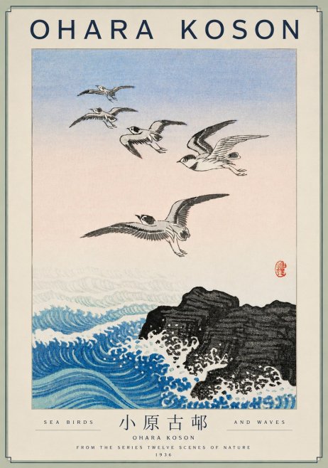 Ohara Koson Sea Birds and Waves No4 - Plakát