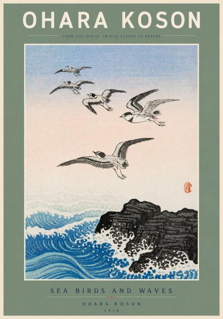 Ohara Koson Sea Birds and Waves No5 - Plakát
