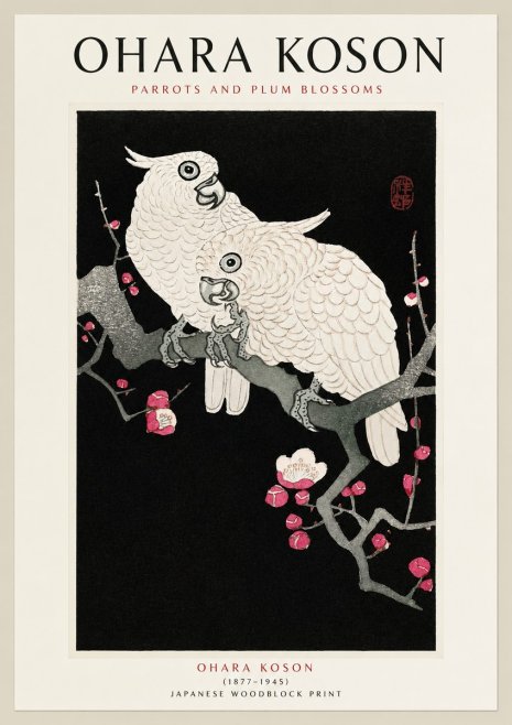 Ohara Koson Parrots and Plum Blossoms No1 - Plakát
