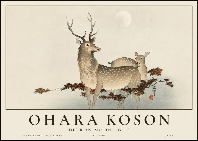 Ohara Koson Deer in Moonlight No3 - Plakát
