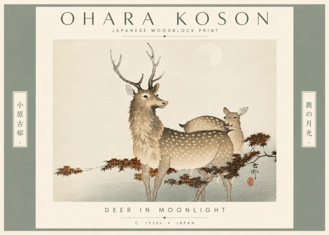 Ohara Koson Deer in Moonlight No4 - Plakát