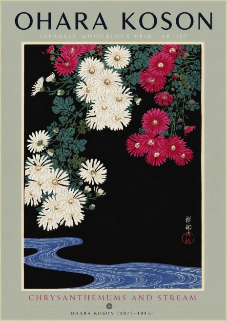 Ohara Koson Chrysanthemums and Stream No4 - Plakát