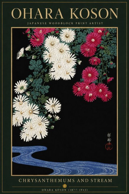 Ohara Koson Chrysanthemums and Stream No6 - Plakát