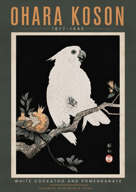 Ohara Koson White Cockatoo and Pomegranate II No5 - Plakát