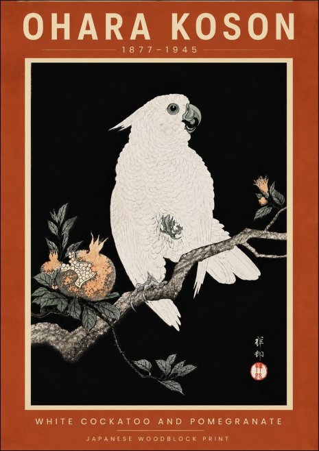 Ohara Koson White Cockatoo and Pomegranate II No6 - Plakát