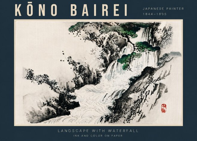 Kōno Bairei Landscape with Waterfall No4 - Plakát