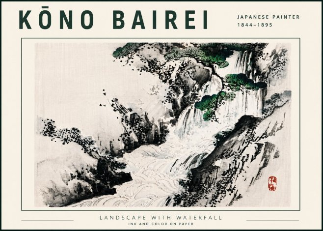 Kōno Bairei Landscape with Waterfall No5 - Plakát