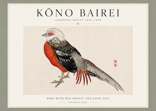 Kōno Bairei Bird with Red Breast and Long Tail No3 - Plakát