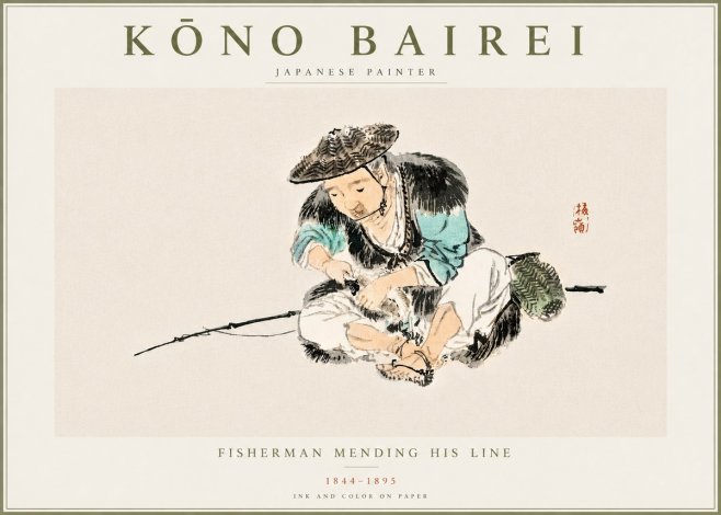 Kōno Bairei Fisherman Mending His Line No5 - Plakát