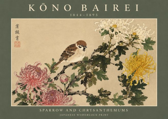 Kōno Bairei Sparrow and Chrysanthemums No2 - Plakát