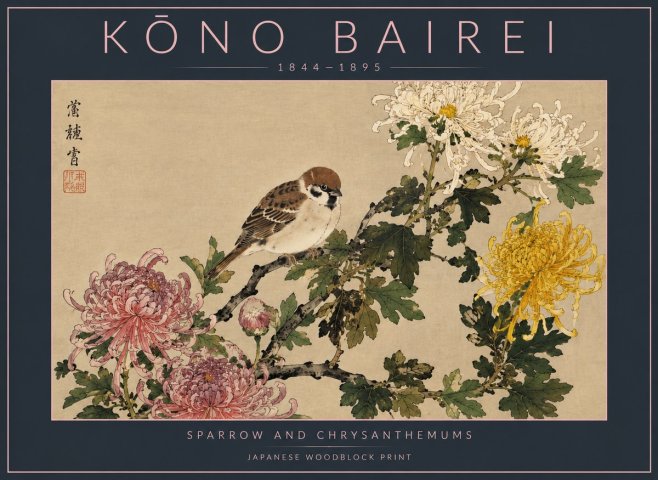 Kōno Bairei Sparrow and Chrysanthemums No4 - Plakát