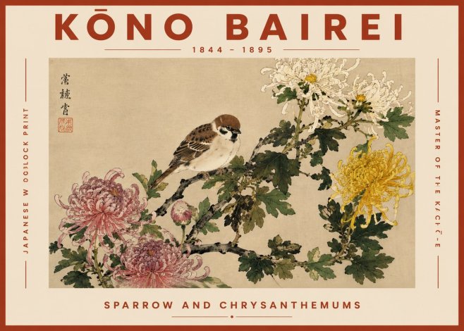 Kōno Bairei Sparrow and Chrysanthemums No6 - Plakát