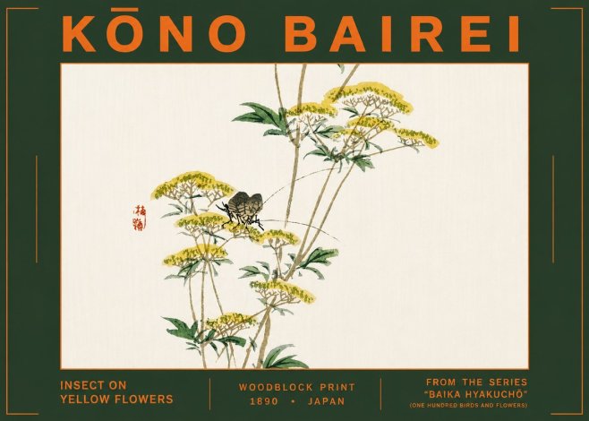 Kōno Bairei Insect on Yellow Flowers No6 - Plakát