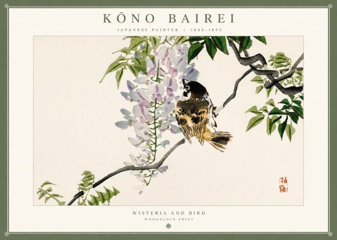 Kōno Bairei Wisteria and Bird No1 - Plakát