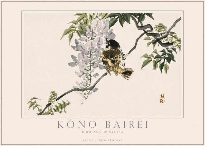 Kōno Bairei Wisteria and Bird No4 - Plakát