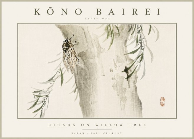 Kōno Bairei Cicada on Willow Tree No5 - Plakát