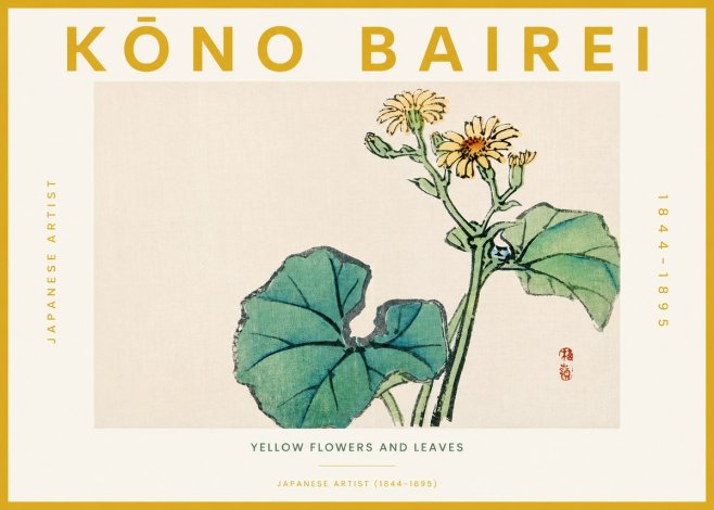 Kōno Bairei Yellow Flowers and Leaves No3 - Plakát