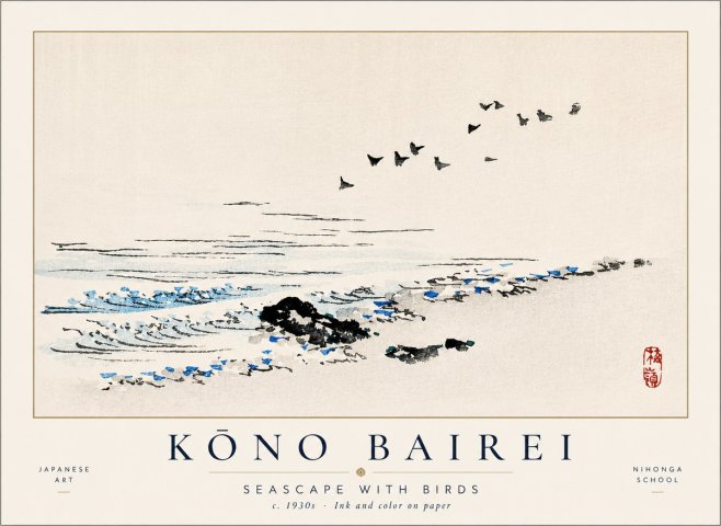 Kōno Bairei Seascape with Birds No1 - Plakát