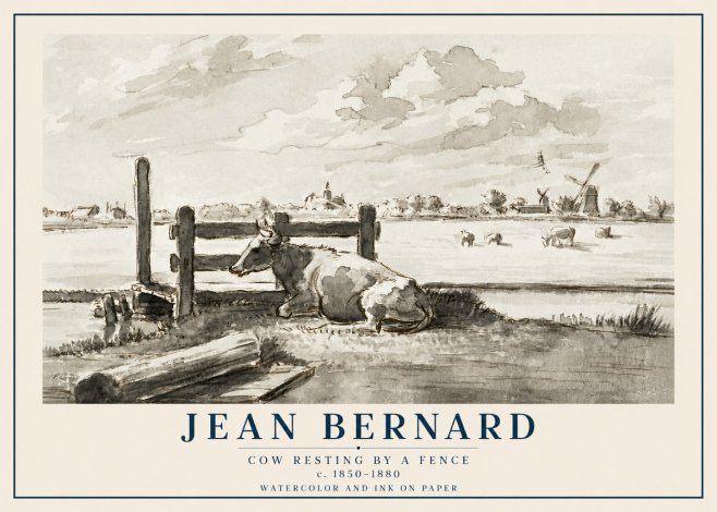 Jean Bernard Cow Resting by a Fence No2 - Plakát