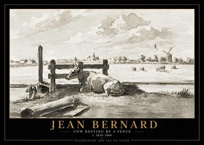 Jean Bernard Cow Resting by a Fence No5 - Plakát