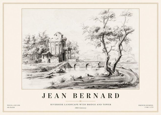 Jean Bernard Riverside Landscape with Bridge and Tower No1 - Plakát