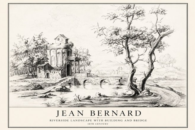 Jean Bernard Riverside Landscape with Bridge and Tower No4 - Plakát