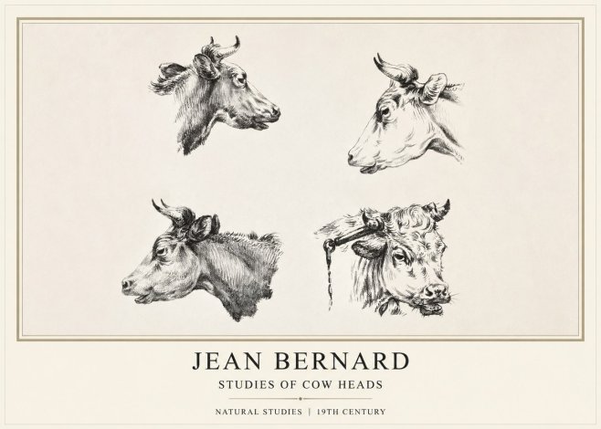 Jean Bernard Studies of Cattle - Four Heads No2 - Plakát