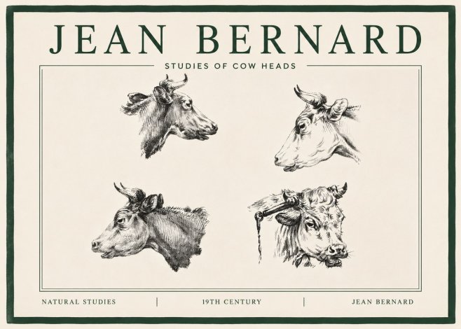 Jean Bernard Studies of Cattle - Four Heads No4 - Plakát