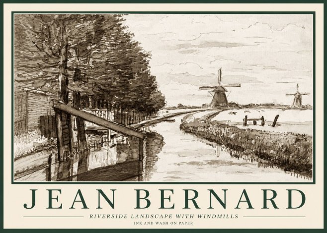 Jean Bernard Riverside Landscape with Windmills No1 - Plakát