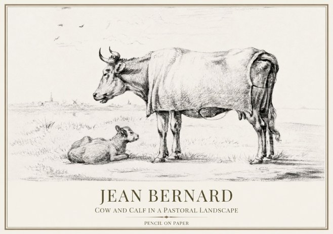 Jean Bernard Cow and Calf in a Pastoral Landscape No1 - Plakát