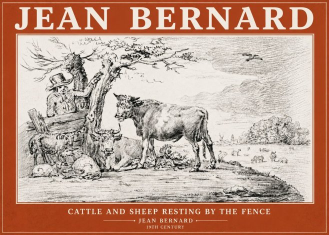 Jean Bernard Cattle and Sheep Resting by the Fence No6 - Plakát