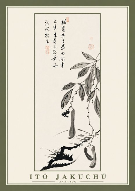 Itō Jakuchū Branch with Pods and Calligraphy No2 - Plakát