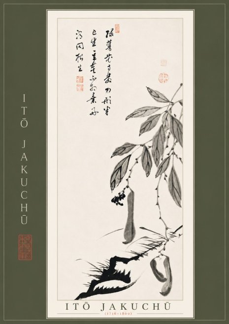 Itō Jakuchū Branch with Pods and Calligraphy No4 - Plakát