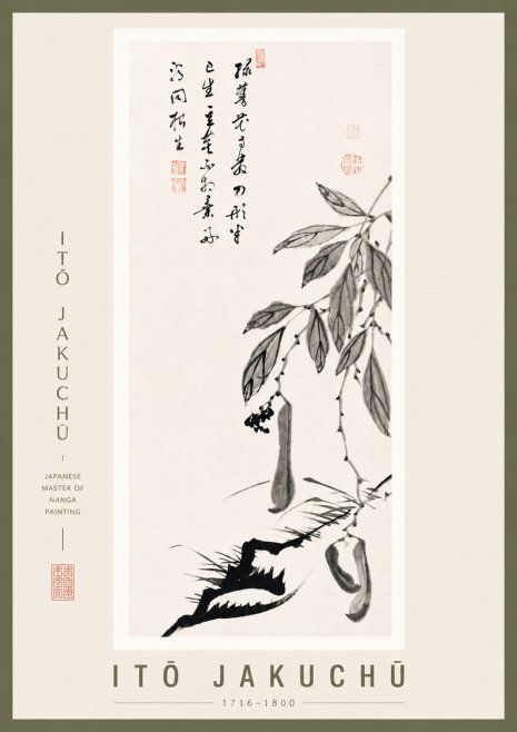 Itō Jakuchū Branch with Pods and Calligraphy No5 - Plakát