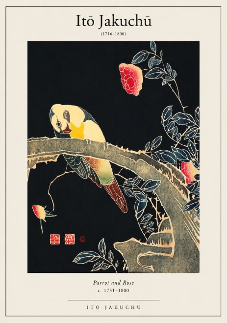Itō Jakuchū Parrot and Rose No1 - Plakát