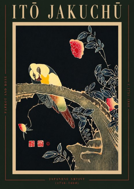 Itō Jakuchū Parrot and Rose No2 - Plakát