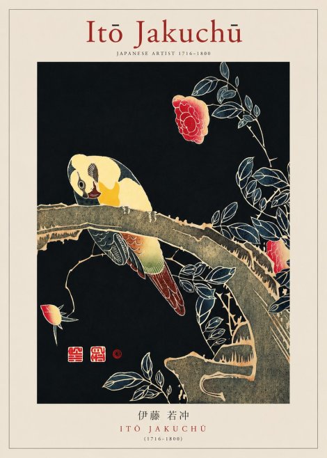 Itō Jakuchū Parrot and Rose No3 - Plakát