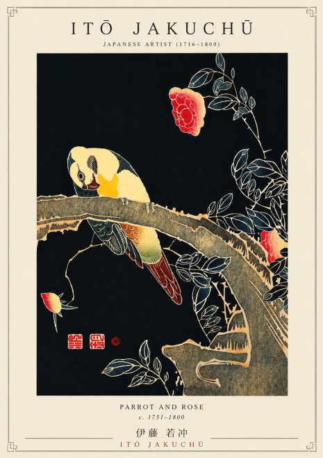 Itō Jakuchū Parrot and Rose No5 - Plakát