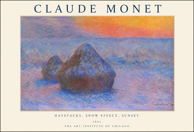 Monet Haystacks, Snow Effect, Sunset No1 - Plakát