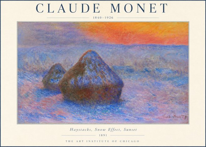 Monet Haystacks, Snow Effect, Sunset No3 - Plakát