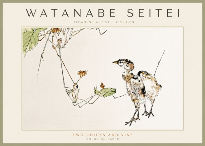 Watanabe Seitei Two Chicks and Vine No3 - Plakát