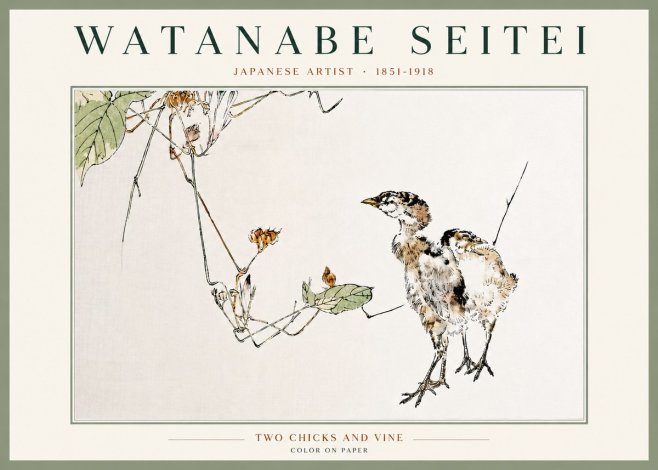 Watanabe Seitei Two Chicks and Vine No4 - Plakát